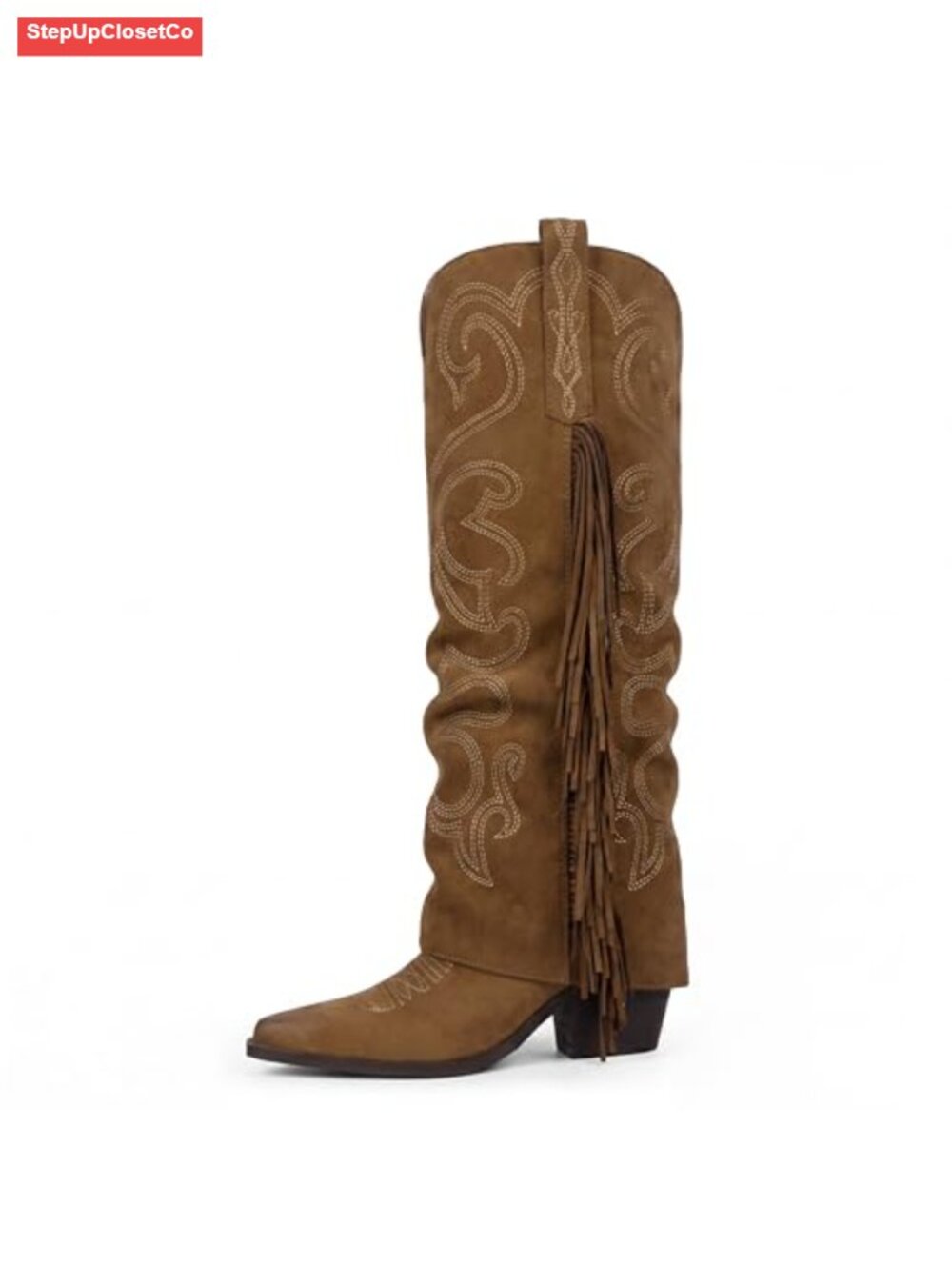 Fold Over Fringe Embroidered Western Cowboy Knee High Boots
